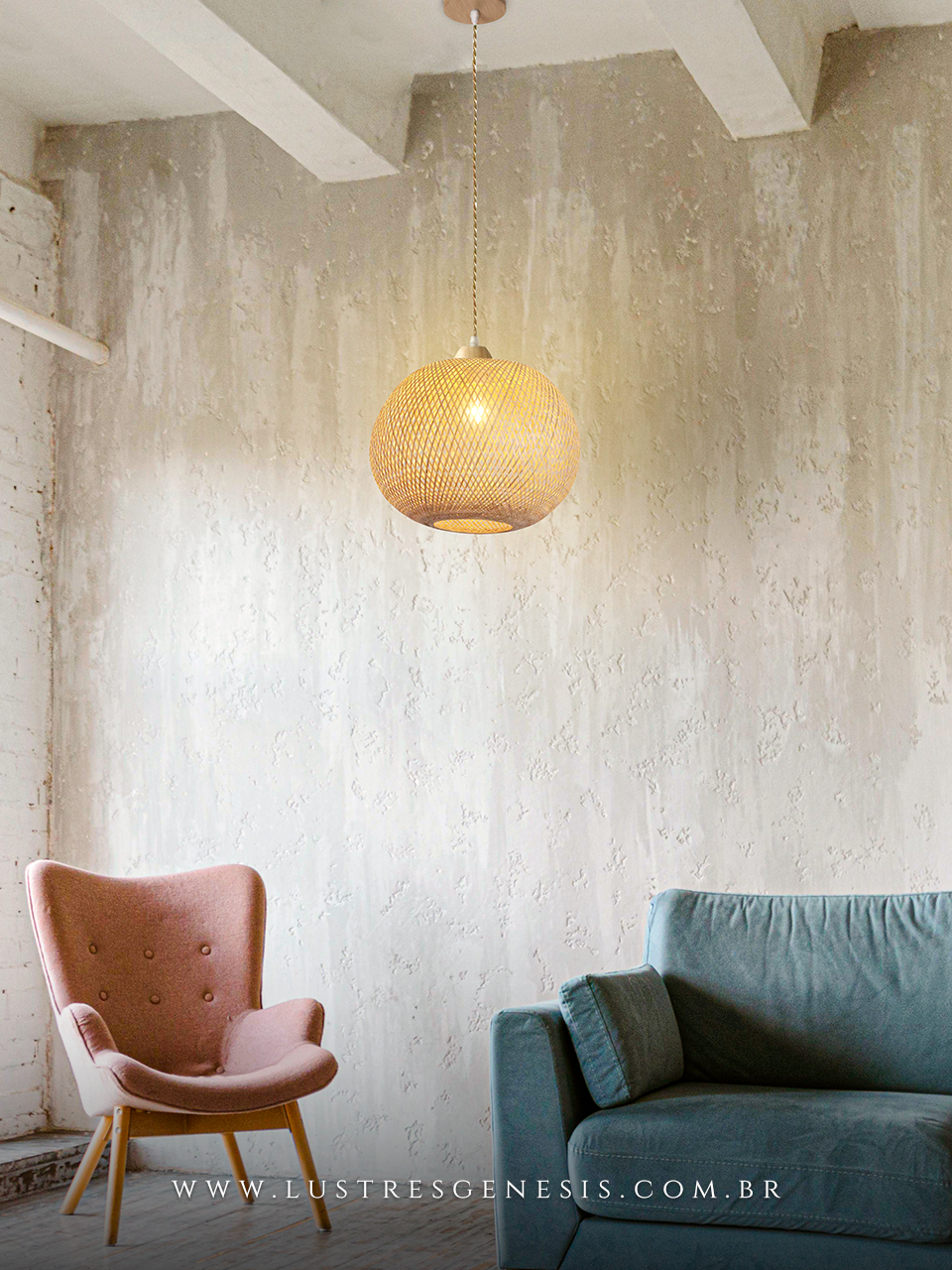 Pendente de fibra de bambu Nias com design artesanal, ideal para mesas, balcão de cozinha, área gourmet e sítios